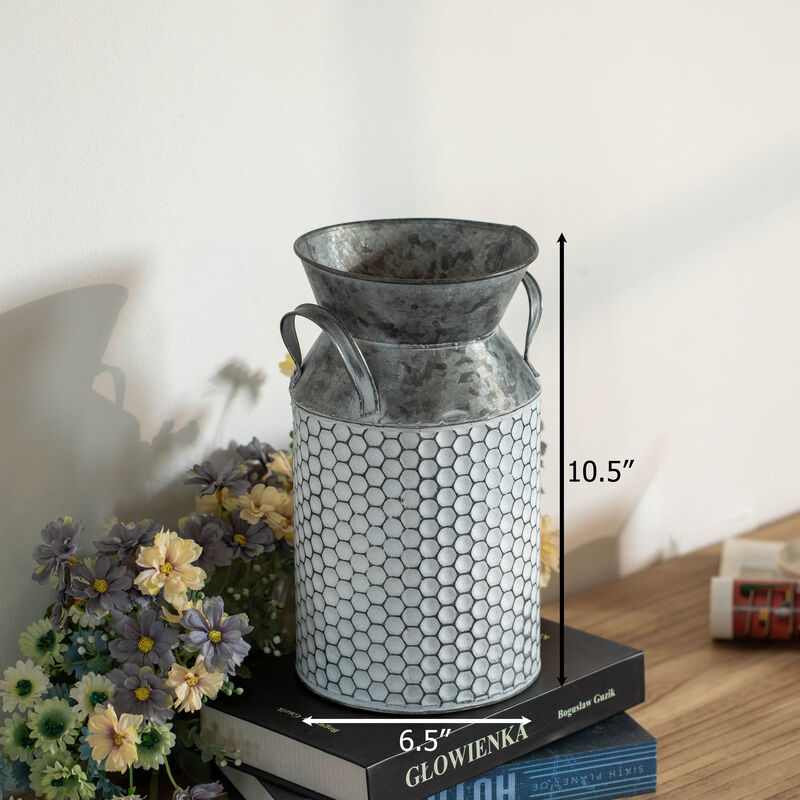 Vintiquewise 11-Inch Vintage Farmhouse Decorative Milk Bucket Vase - Rustic French Country Decor Jug with Handles for Flowers Shabby Chic Centerpiece Table Decor Garden Accent Primitive Tin Holder