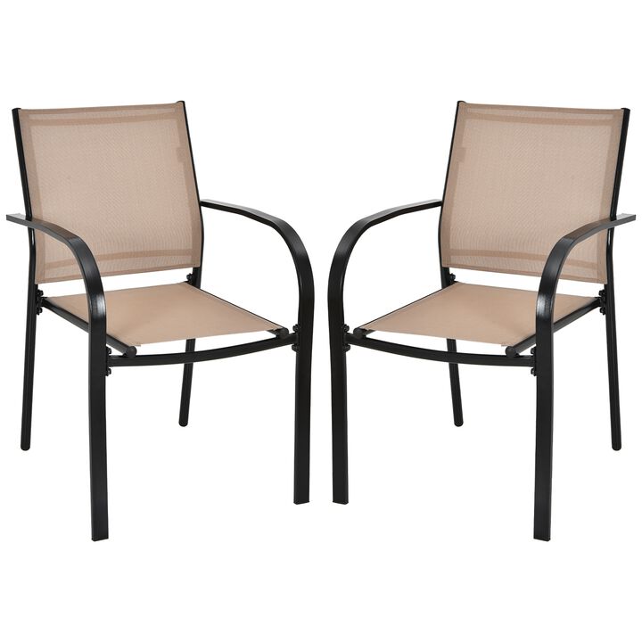 Set of 2 Patio Stackable Dining Chairs with Armrests Garden Deck-Brown Set of 2 Patio Stackable Dining Chairs with Armrests Garden Deck-Brown