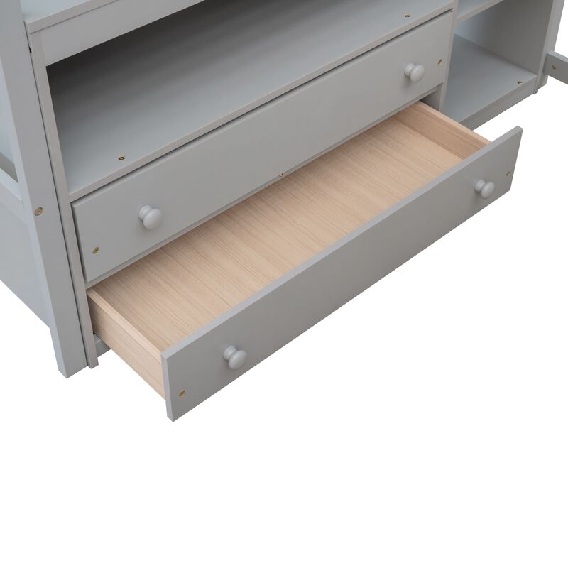 Full Size Loft Bed With Desk And Shelves, Two Built-In Drawers