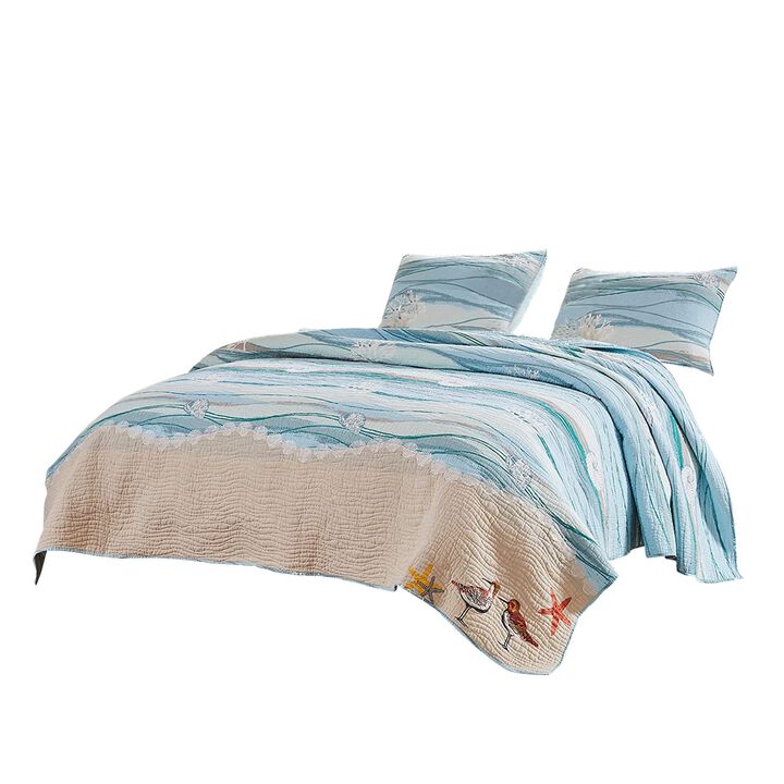 Maritsa Three Piece Queen Size Fabric Quilt Set with Coastal Prints, Blue - Benzara