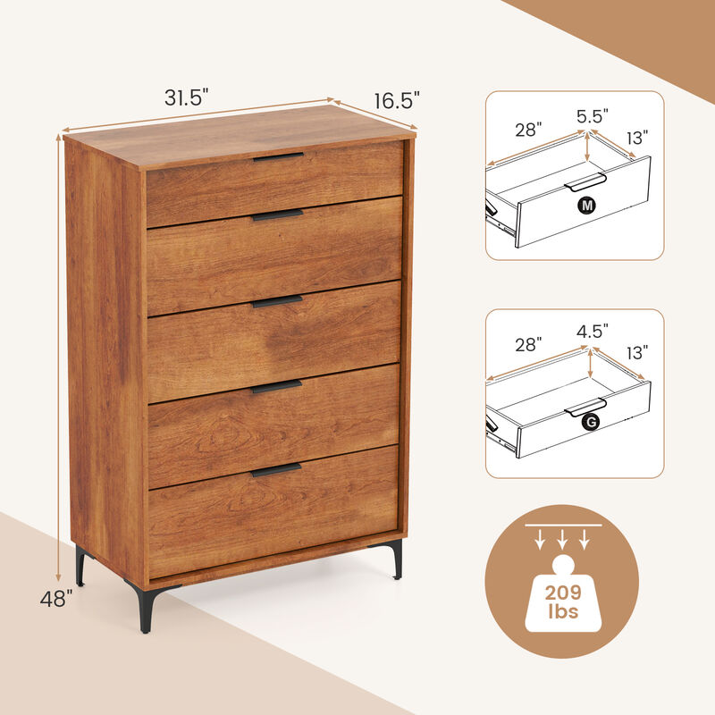 5-Drawer Dresser with Interlock System for Bedroom or Living Room Storage and Organization