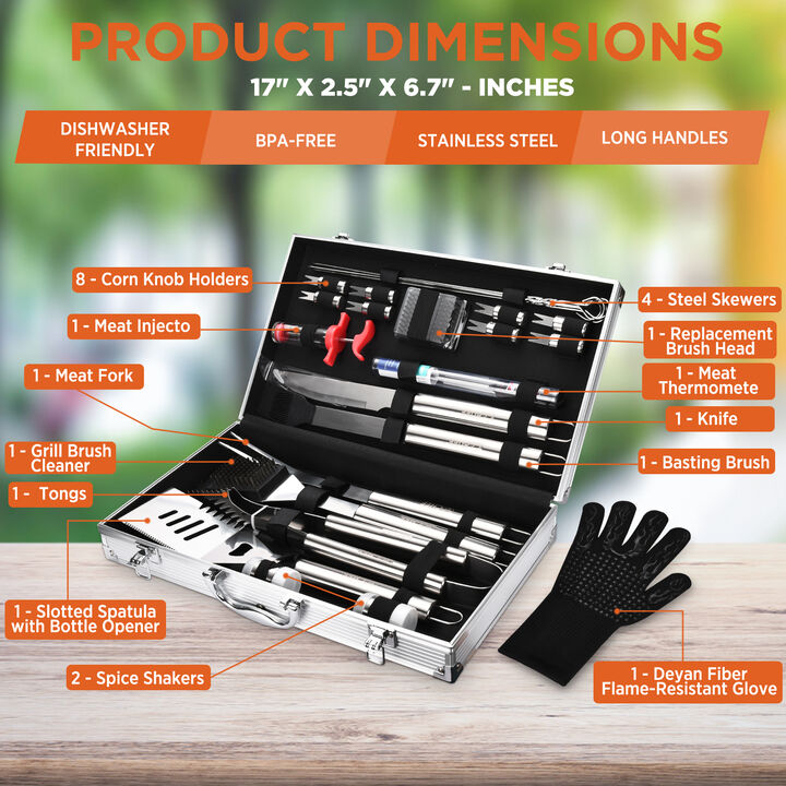 Commercial Chef BBQ Grilling Accessories - Weber Grill BBQ Accessories - BBQ Tools Set - Barbeque Smoker Accessories - For Tailgating, Camping Kitchen - Birthday Chef Grilling Gifts for Men (25 Piece)