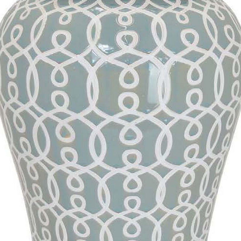 Deni 33 Inch Temple Jar, Removable Lid, Carved Pattern, Ceramic, Mint Green - Benzara
