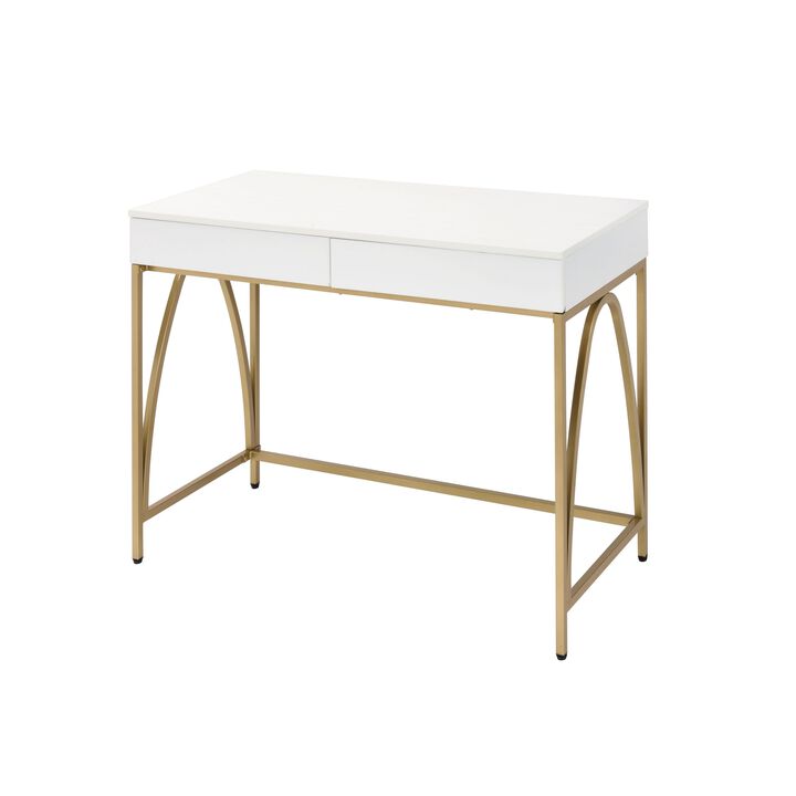Rectangular Wooden Frame Desk with 2 Drawers and Metal Legs, White and Gold-Benzara