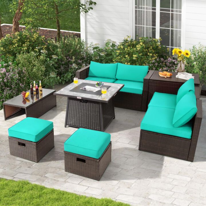 Hivvago 9 Pieces Patio PE Wicker Sectional Set with 50000 BTU Fire Pit Table