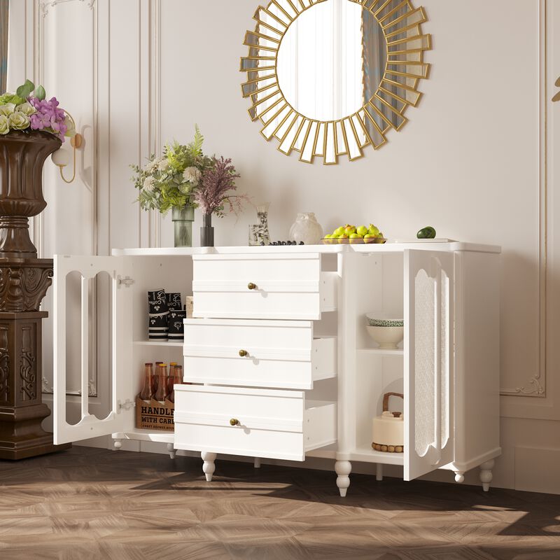 FUFU&GAGA Modern White MDF Storage Cabinet – 3 Spacious Drawers & 2 Glass-Door Compartments, Cylindrical Legs (59.1" W x 15.7" D x 35.4" H), White