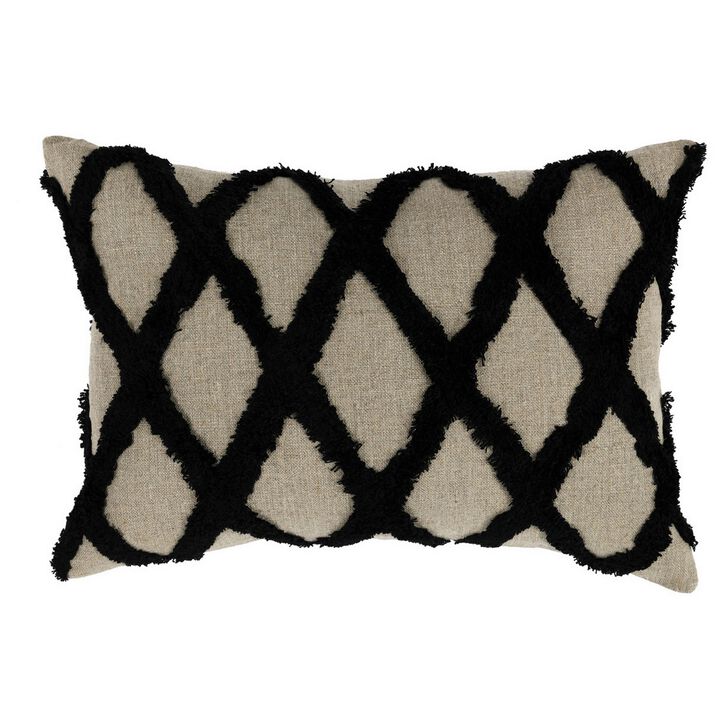 Lo 14 x 20 Lumbar Linen Accent Throw Pillow, Tufted Diamond Pattern, Black-Benzara