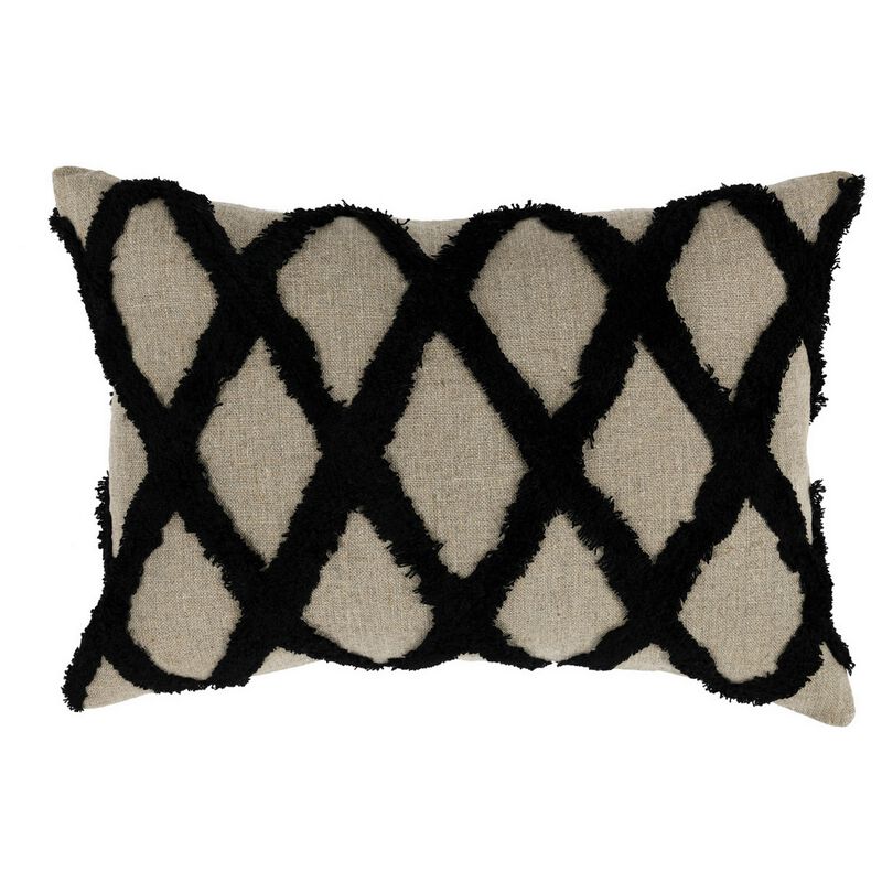 Lo 14 x 20 Lumbar Linen Accent Throw Pillow, Tufted Diamond Pattern, Black-Benzara