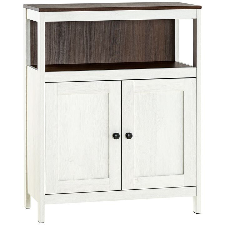 White/Walnut Bathroom Storage: Freestanding Cabinet with Open Shelf