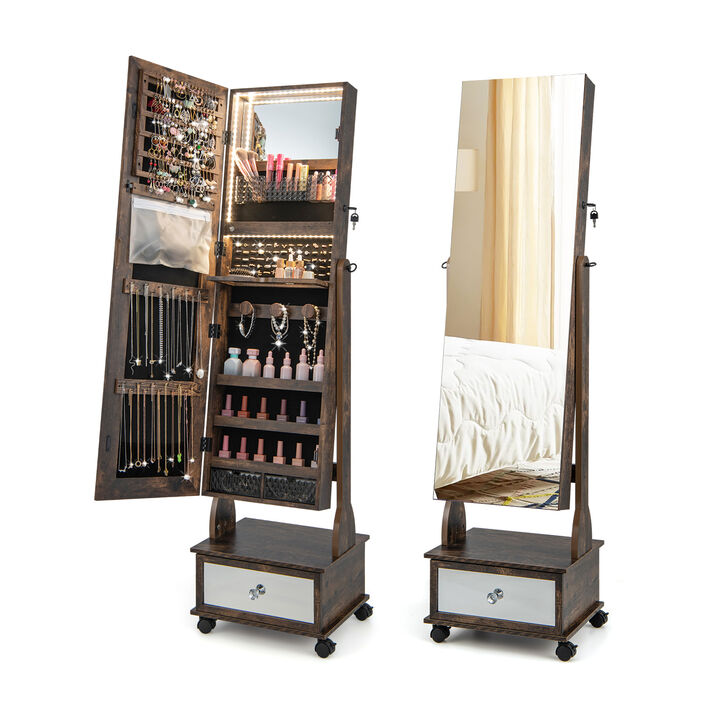47 Inch Lockable Jewelry Cabinet Armoire with 3-Color LED Lights-Coffee