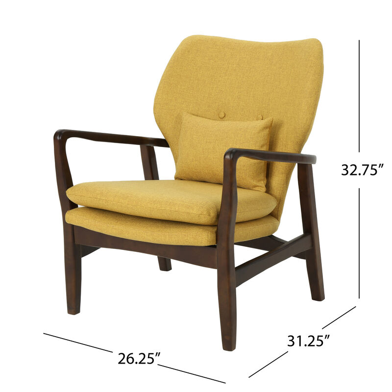 Keya Accent Chair, Mustard Yellow Fabric, Button Tufted Back, Accent Pillow - Benzara