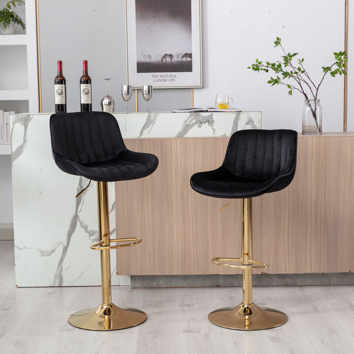 Chrome Footrest and Base Swivel Height Adjustable Mechanical Lifting Velvet + Golden Leg Simple Bar Stool, Set of 2, Black
