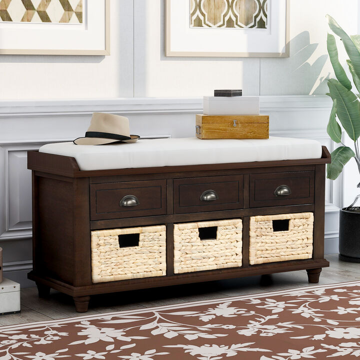Rustic Storage Bench With 3 Drawers And 3 Rattan Baskets, Shoe Bench For Living Room