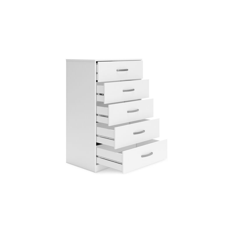 Eriss Tall Dresser Chest, 5 Drawers, White Wood, Silver Metal, 46 Inch - Benzara