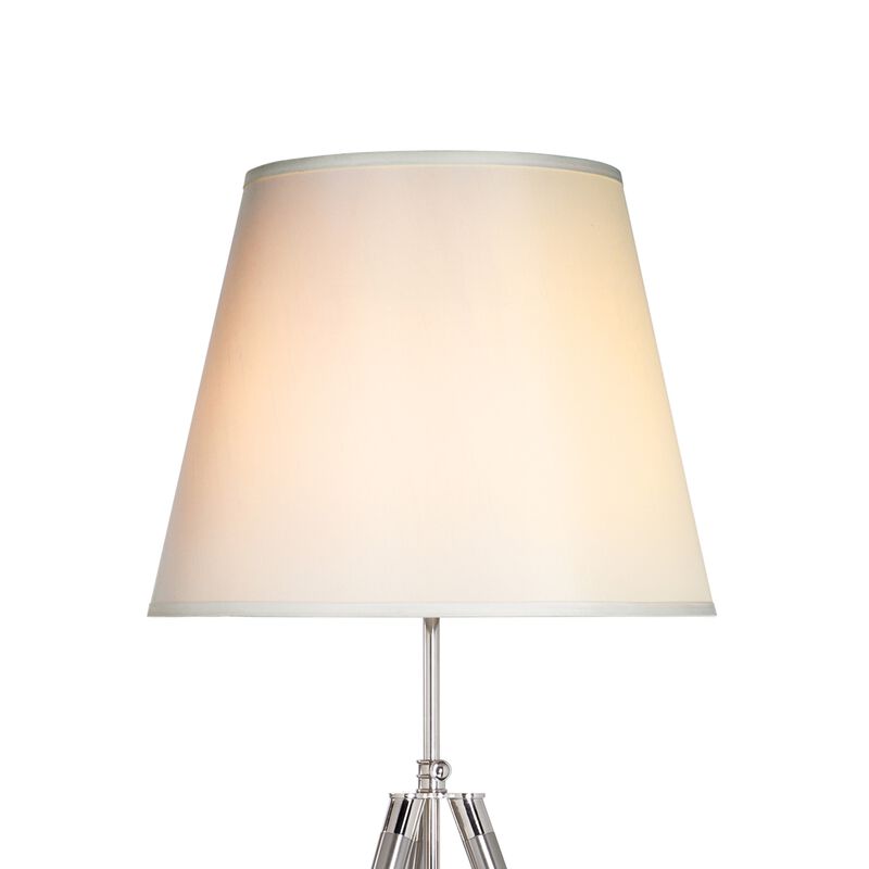 66 Inch Floor Lamp with White Drum Shade, Modern Chrome Metal Tripod Base - Benzara