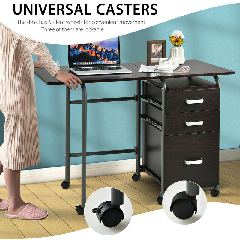 Costway Folding Computer Laptop Desk Wheeled Home Office Furniture w/3 Drawers Brown