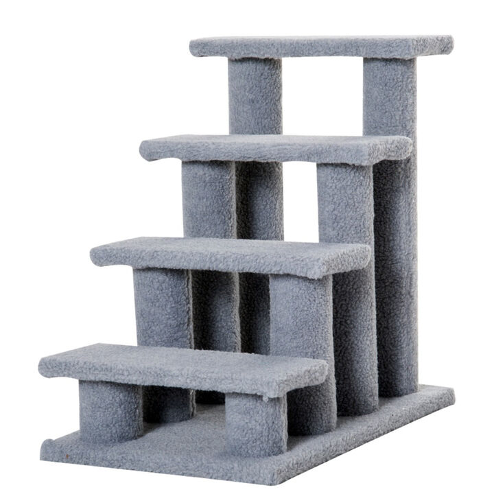 Gray Feline Climber: 25" 4-Step Carpeted Cat Stairs with Toy