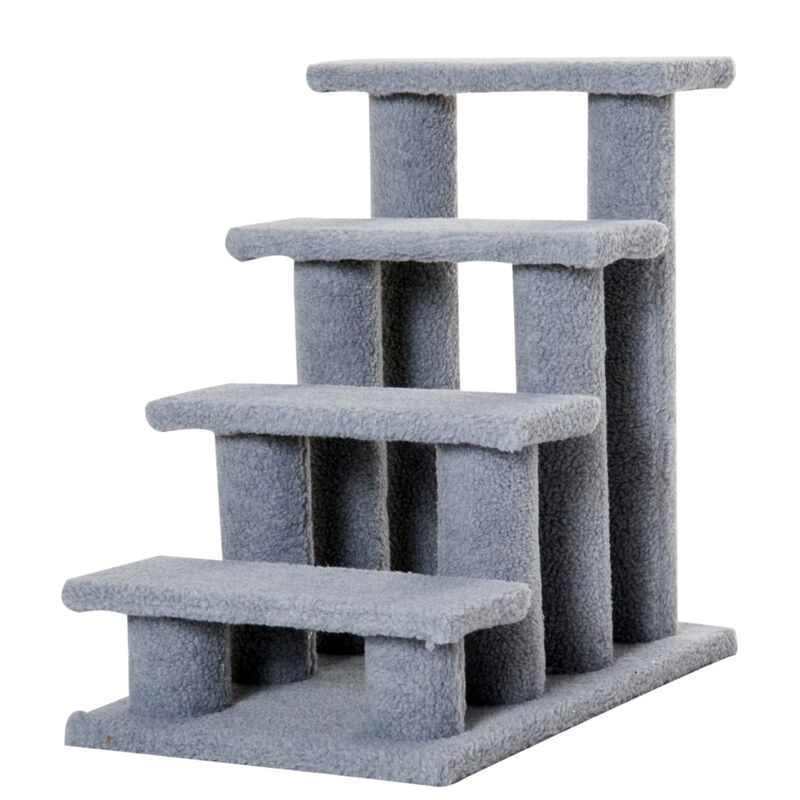 Gray Feline Climber: 25" 4-Step Carpeted Cat Stairs with Toy