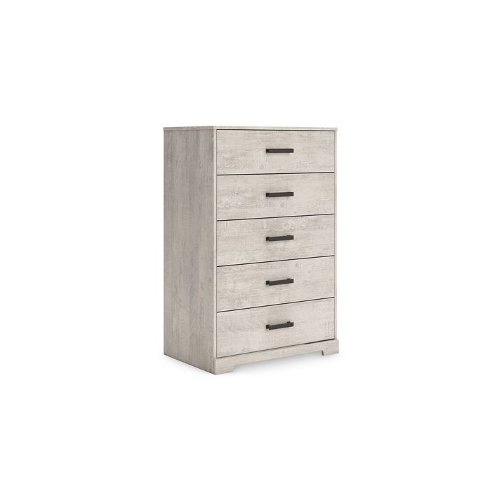 Shawn Tall Dresser Chest, 5 Drawers, Black Handles, Light Gray 46 Inch - Benzara