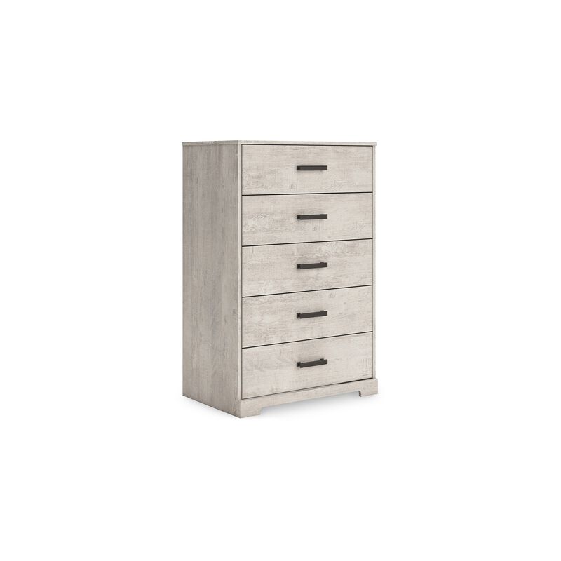 Shawn Tall Dresser Chest, 5 Drawers, Black Handles, Light Gray 46 Inch - Benzara