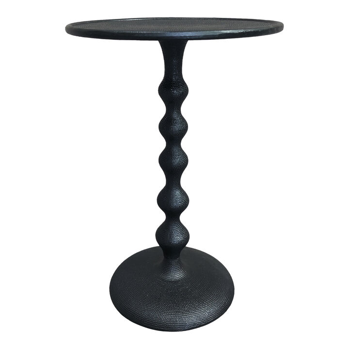 Shae 22 Inch Round Side End Table - Matte Black Aluminum Cast, Hammered Texture, Turned Pedestal Post - Benzara