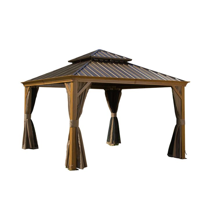 MONDAWE 12x12ft Hardtop Gazebo, Wooden Coated Aluminum Frame Canopy with Galvanized Steel Double Roof, Outdoor Permanent Metal Pavilion with Curtains and Netting for Patio, Deck and Lawn(Wood-Looking)