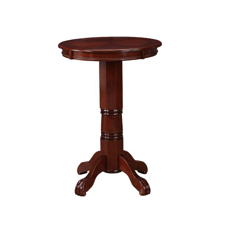 Ava 42 Inch Wood Pub Bar Table, Sunburst Design, Carved Pedestal, Dark Brown-Benzara