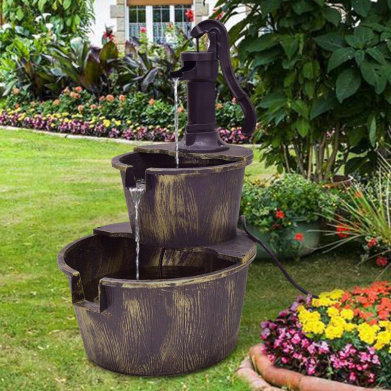 Hivvago 2 Tiers Outdoor Barrel Waterfall Fountain with Pump