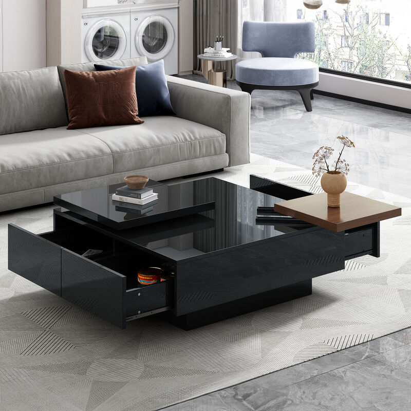 Movable Top Coffee Table with High-Gloss Finish and 4 Hidden Drawers Modern Living Room Storage Table