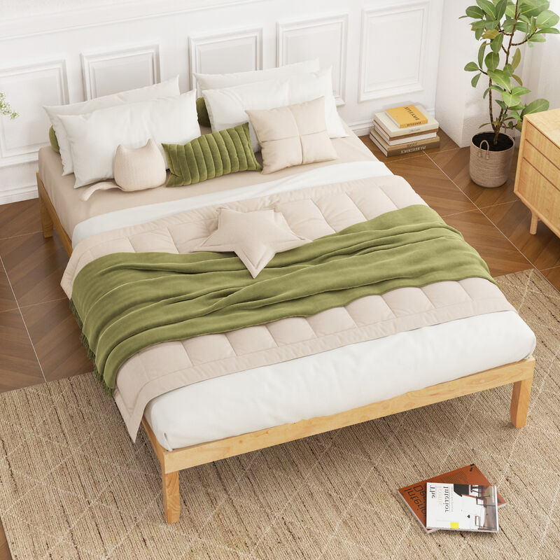 Wood Bed Frame with Wooden Slats Support and Rubber Wood Legs