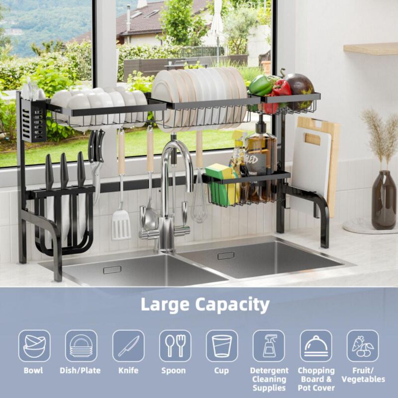 Hivvago 2 Tier Adjustable Over Sink Dish Drying Rack with 8 Hooks