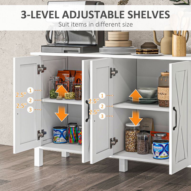 White Buffet Cabinet: 4 Barn Doors, Adjustable Shelves