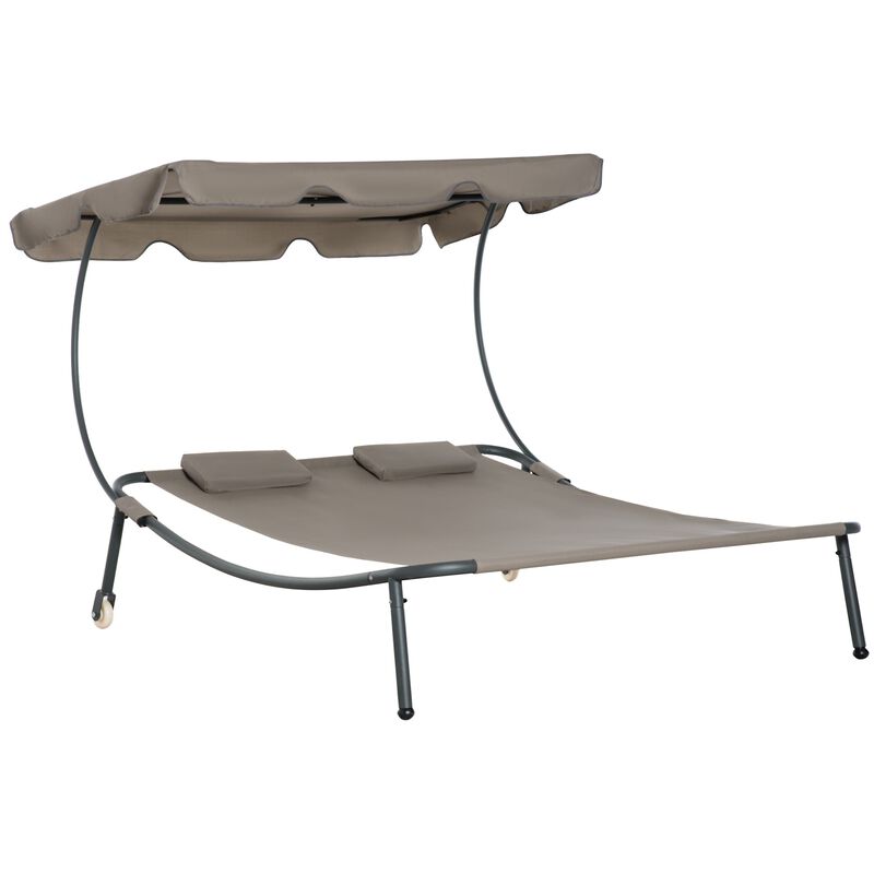 Brown Patio Lounger: Double Chaise with Canopy & Wheels