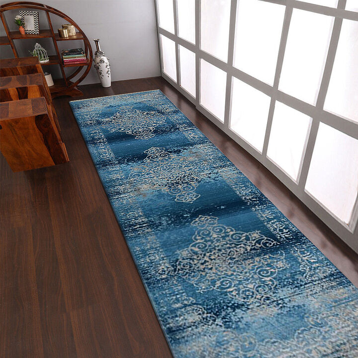 RUGSOTIC CARPETS MACHINE MADE POLYESTER AREA RUGS - 2'6''x9'10'', Runner Shape, Blue Color, Classic Oriental Traditional  Design,Low Pile Machine Made Area Rugs for Living Room, Bed Room (M00065)