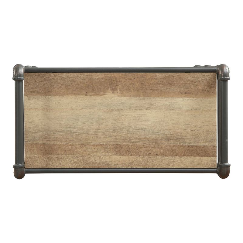 Three Tier Metal Bookshelf With Wooden Shelves, Oak Brown & Gray-Benzara