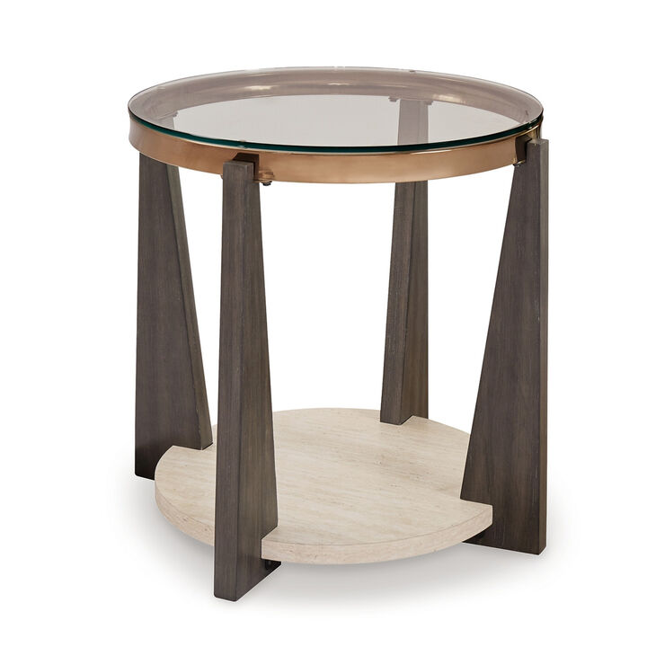 Miu Side End Table, 24 Inch Round Glass Top w Shelf, Brown Angled Base - Benzara