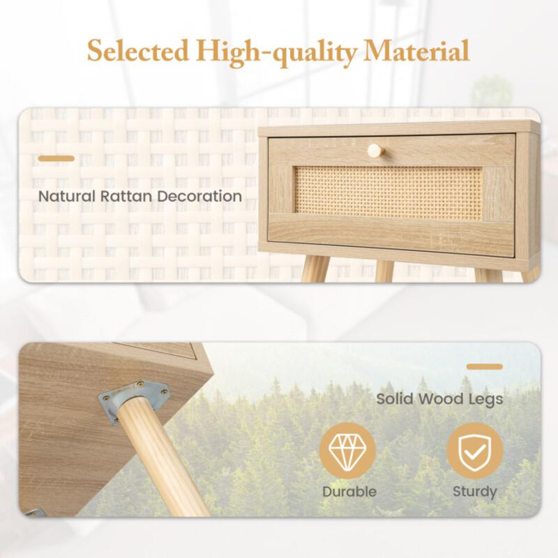 Hivvago Modern Rattan Nightstand with Drawer and Solid Wood Legs for Bedroom and Living Room-Natural