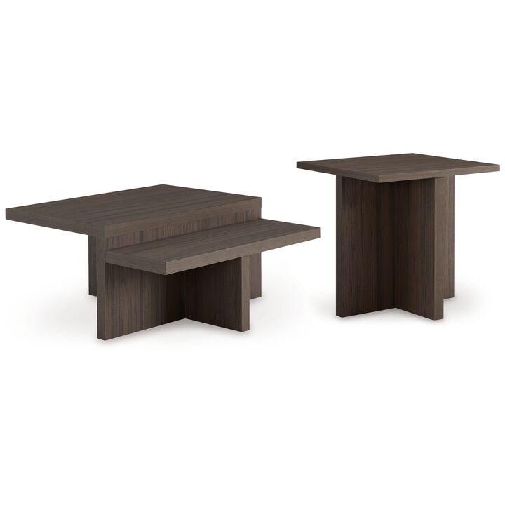 Zeny 2pc Coffee and Side Table Set, Geometric Cross Base, Dark Brown  - Benzara