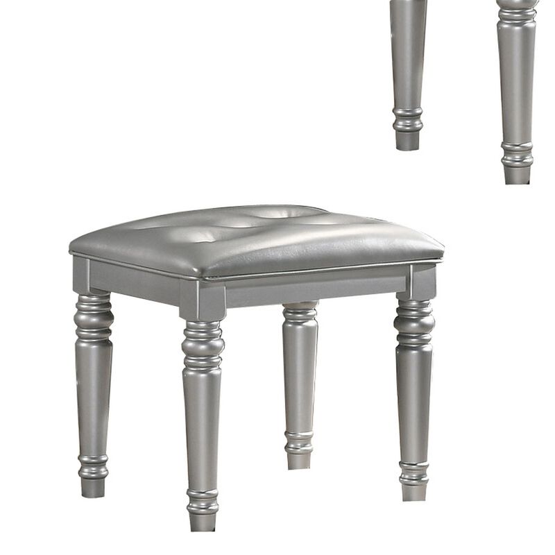 Kya 20 Inch Vanity Stool with Tufted Vegan Faux Leather Seat, Glam Silver-Benzara