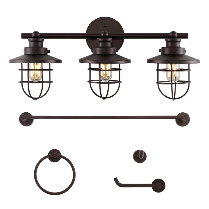 Ellis 24" 3-Light Industrial Farmhouse Vanity Light with Bathroom Hardware Accessory 5-Piece Set