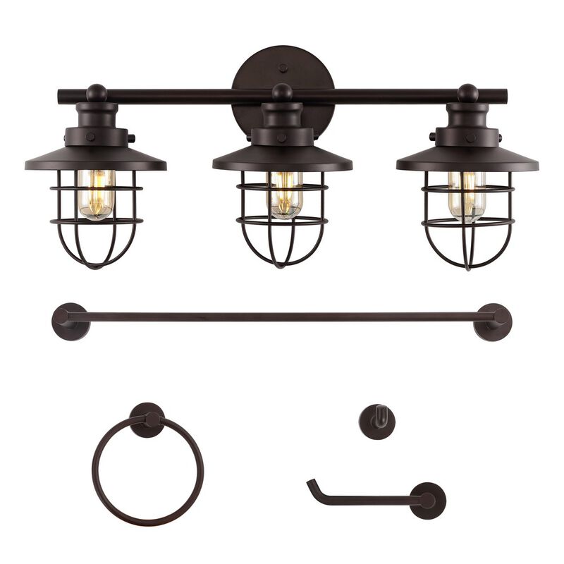 Ellis 24" 3-Light Industrial Farmhouse Vanity Light with Bathroom Hardware Accessory 5-Piece Set