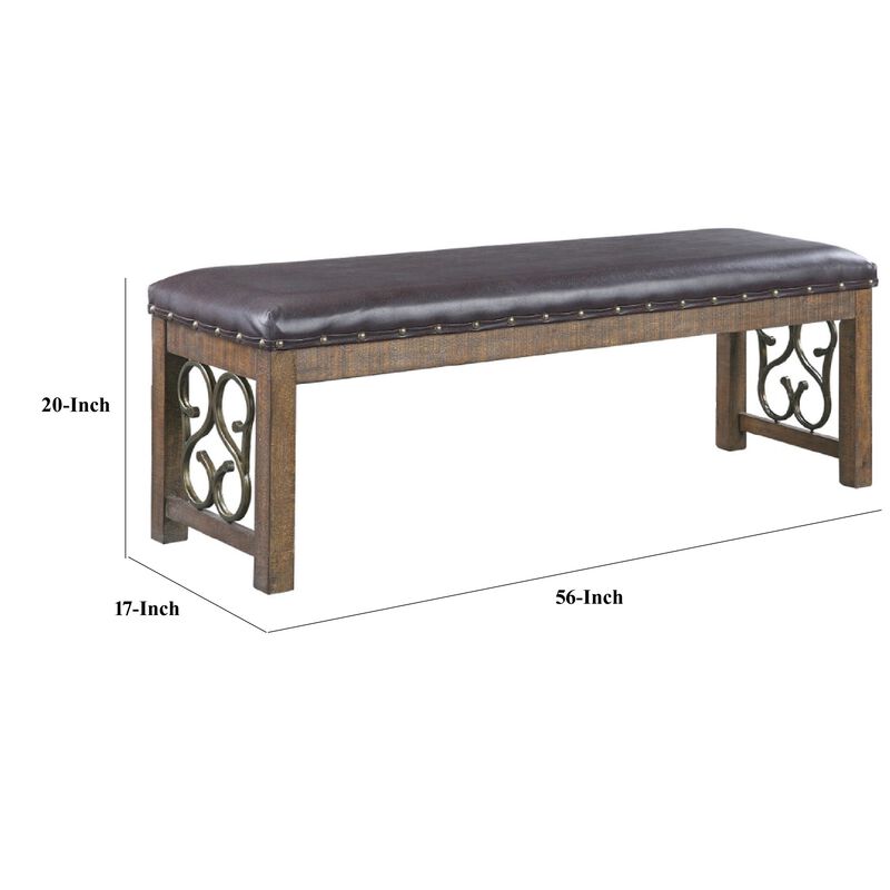 Ral 56 Inch Solid Wood Padded Bench, Metal Scroll Design, Nailhead, Brown-Benzara