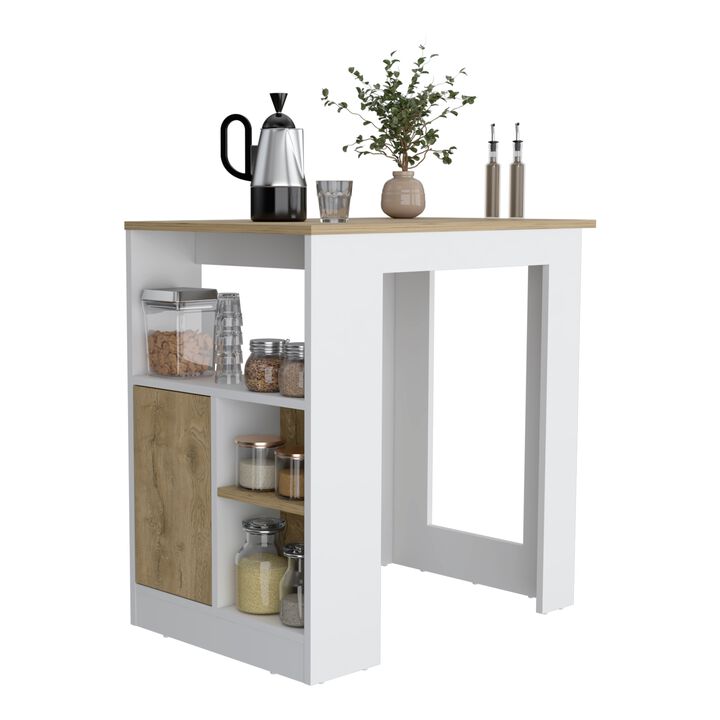 DEPOT E-SHOP Masset Kitchen Island with Side Shelve and Push to open Cabinet , White / Macadamia -Kitchen