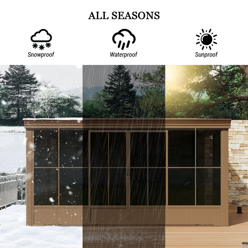 MONDAWE 12x14FT Hardtop Wall Mounted Gazebo Lean to Gazebo with Sloping Galvanized Steel Roof, Aluminum Frame, Drainage System, Curtains and Netting