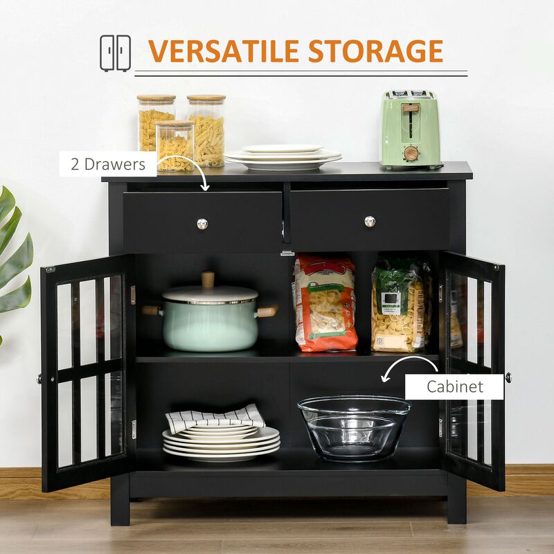 Black Dining Cabinet: Buffet with Glass Doors and 2 Drawers