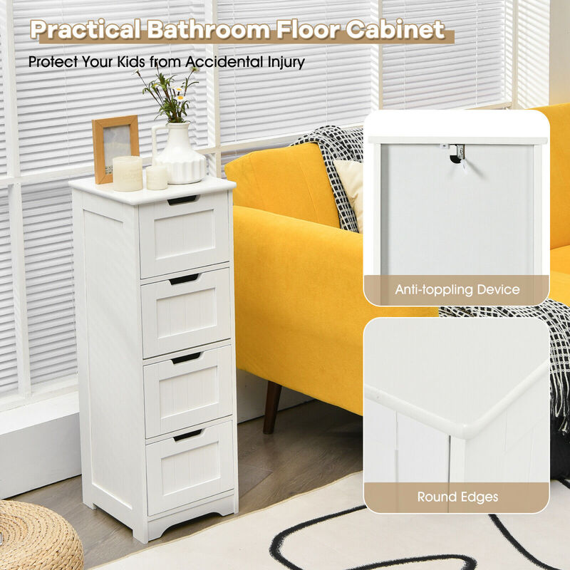 Costway Bathroom Floor Cabinet Free-Standing Side Storage Organizer w/ 4 Drawers