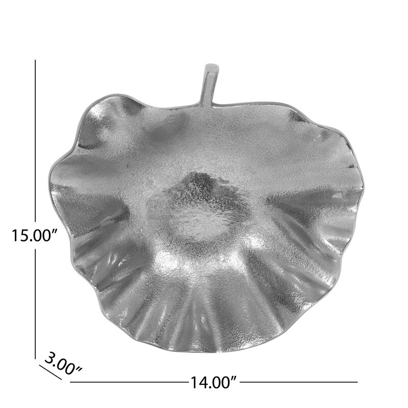 Decorative Tray Plate, Leaf Shape Design, Aluminum Silver Finish -Benzara