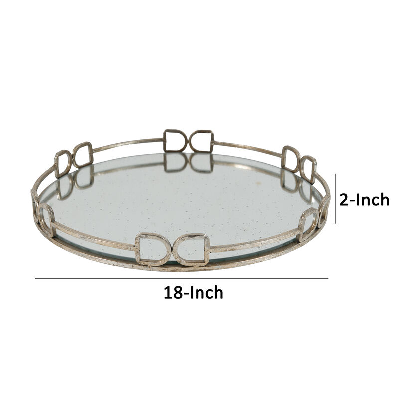 Sui 18 Inch Round Tray, Glass Bottom,  Silver Geometric Frame, Large - Benzara