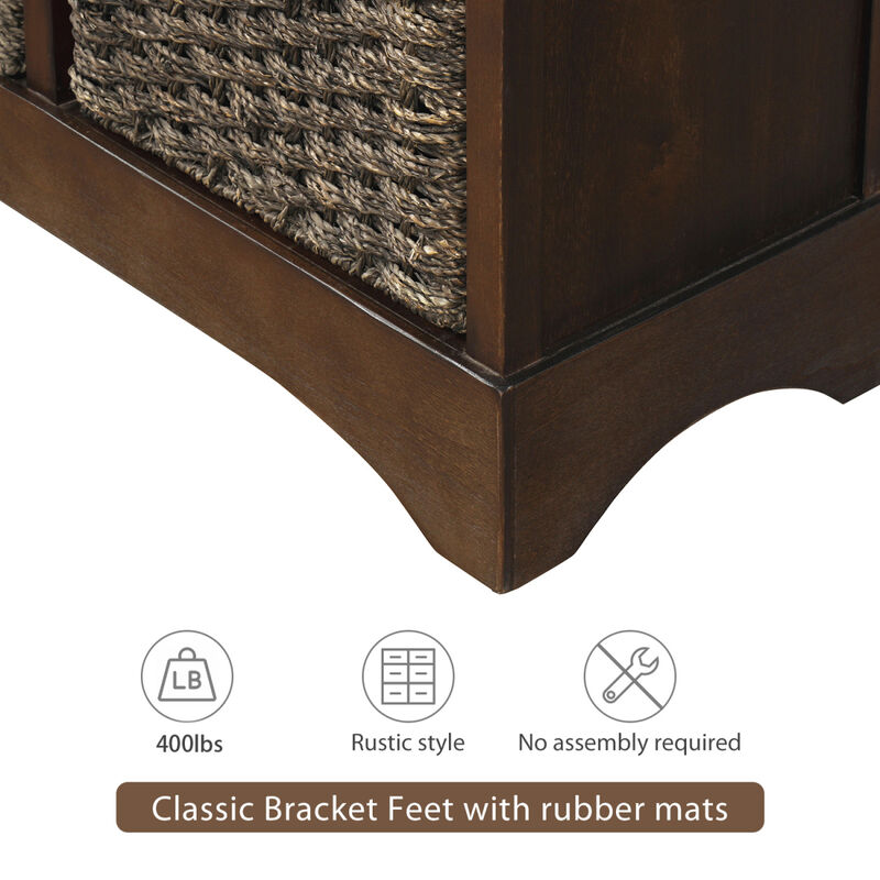 Rustic Storage Cabinet With Two Drawers And Four Classic Rattan Basket