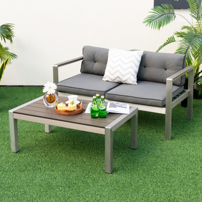 Hivvago Modern Rectangular Patio Coffee Table with Plastic Wood Tabletop and Rustproof Aluminum Frame-Gray